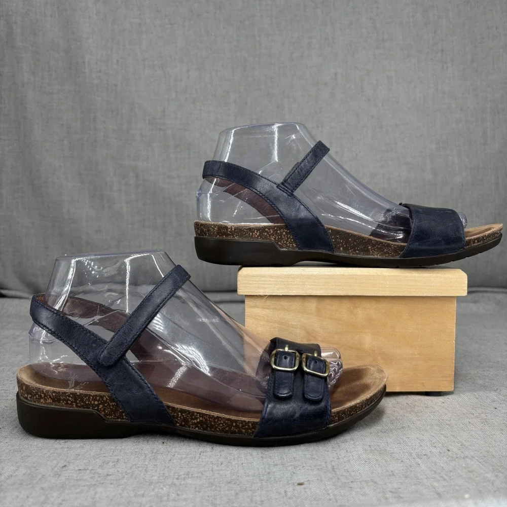 Dansko Rebekah Sandals Navy Blue Leather Double Buckle Ankle Strap Women EU‎ 38